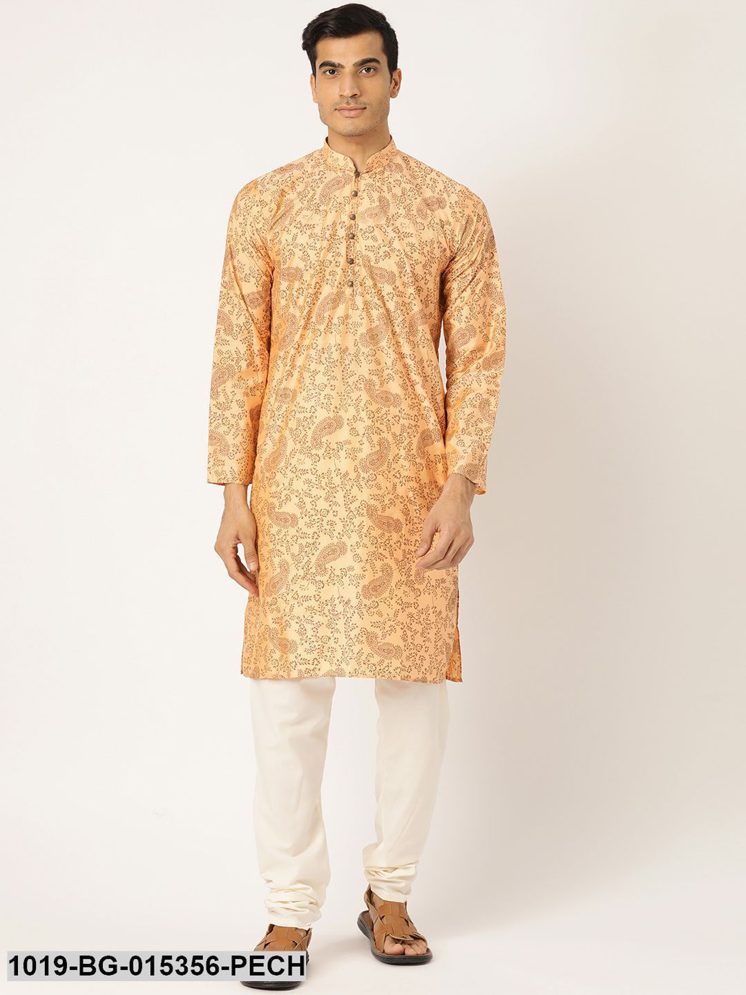 Men's Cotton Silk Peach Printed Kurta & Off-white Churidar Pyjama Set - Sojanya