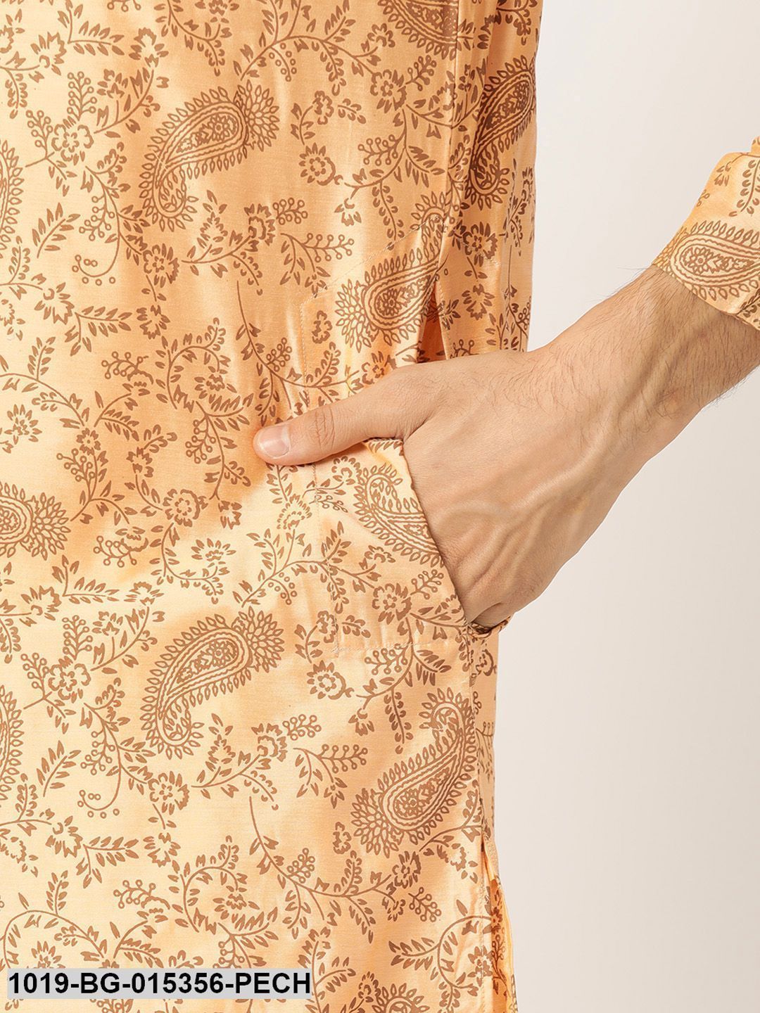Men's Cotton Silk Peach Printed Kurta & Off-white Churidar Pyjama Set - Sojanya