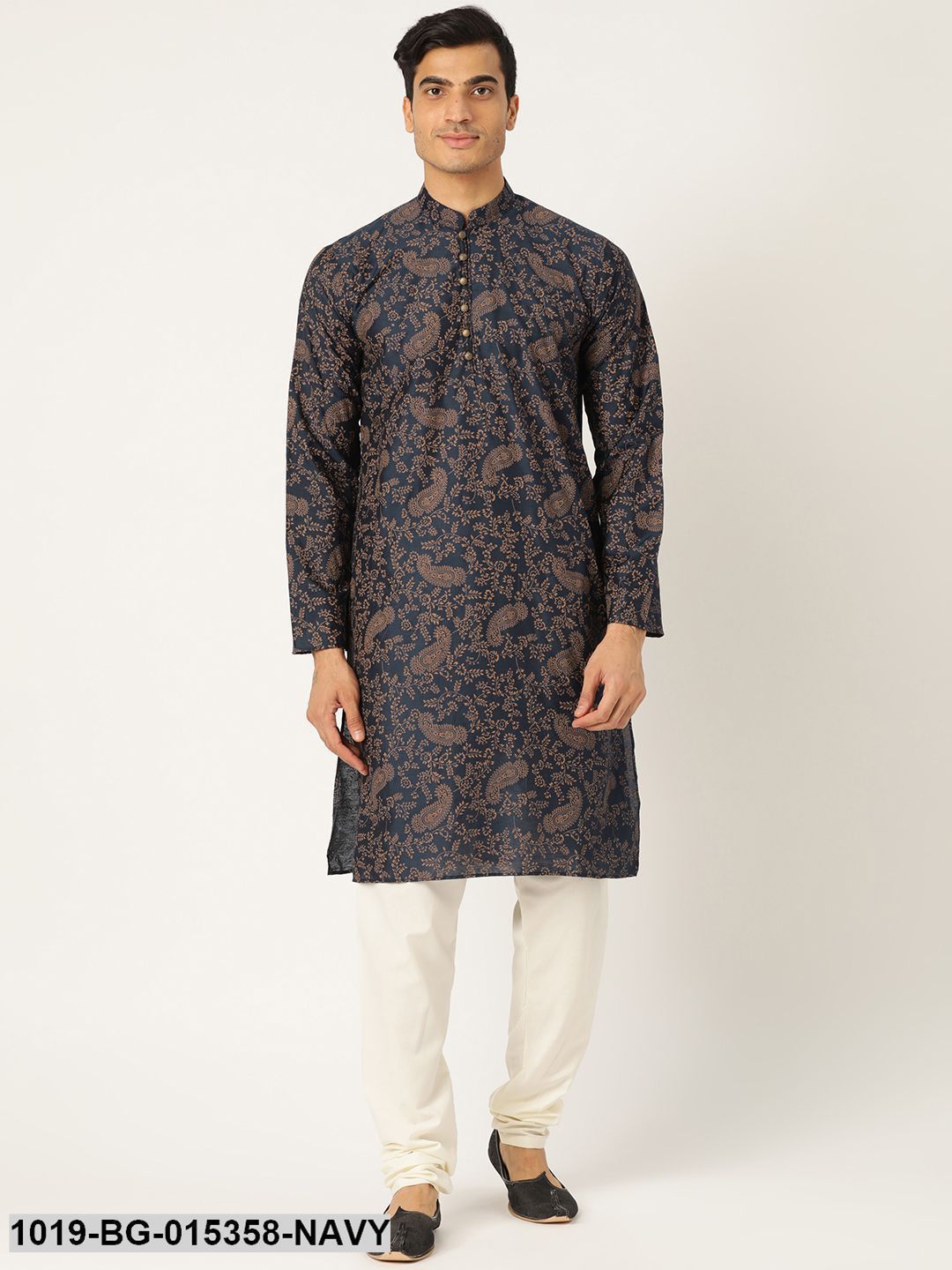 Men's Cotton Silk Navy Blue Printed Kurta & Off-white Churidar Pyjama Set