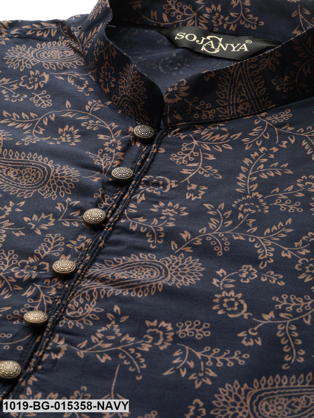 Men's Cotton Silk Navy Blue Printed Kurta & Off-white Churidar Pyjama Set