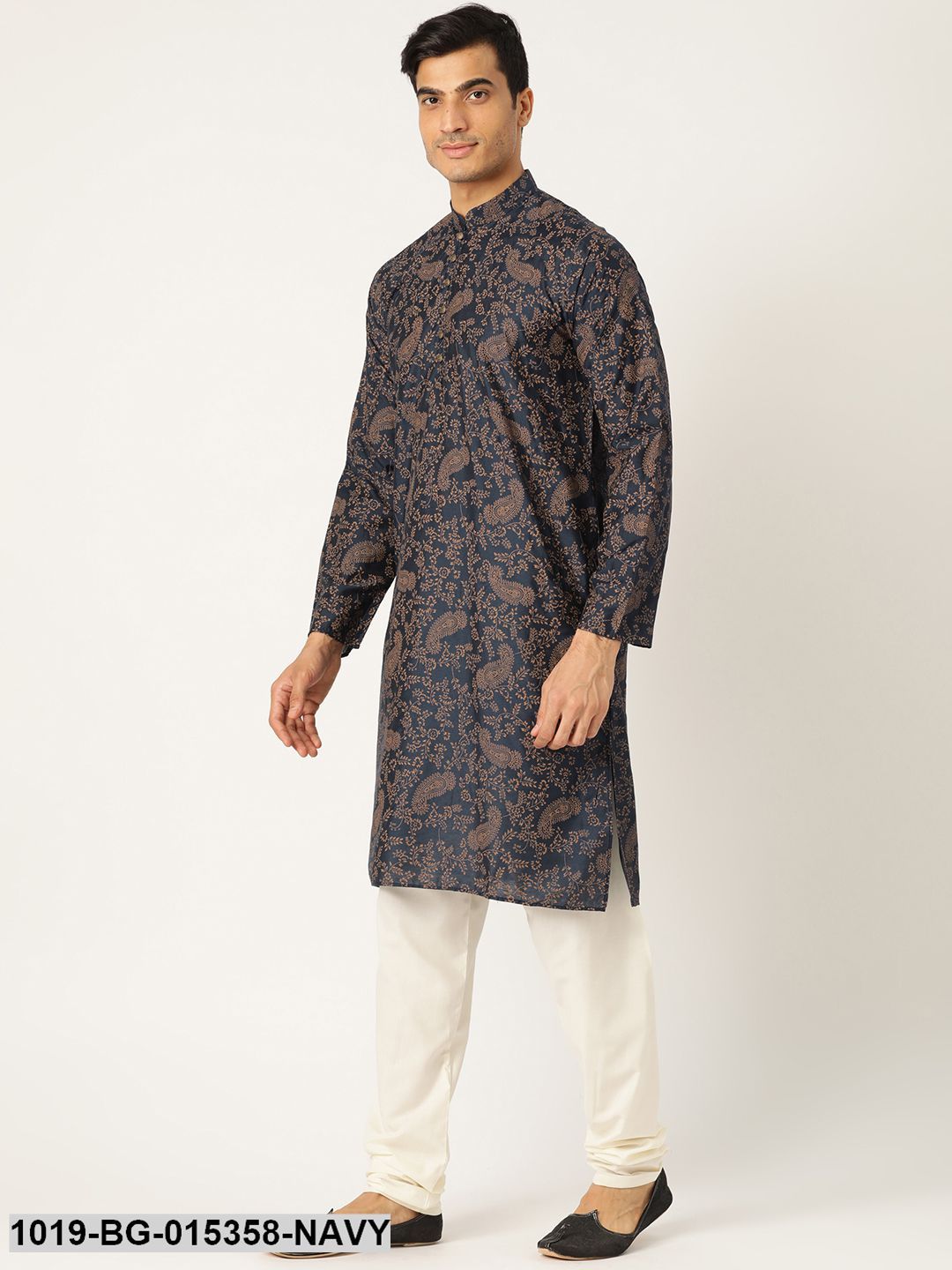 Men's Cotton Silk Navy Blue Printed Kurta & Off-white Churidar Pyjama Set