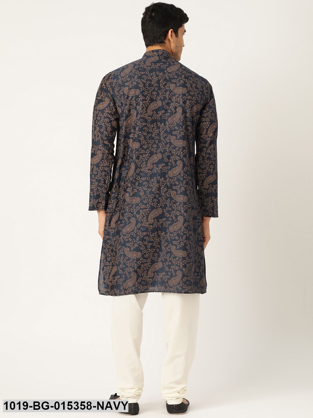 Men's Cotton Silk Navy Blue Printed Kurta & Off-white Churidar Pyjama Set