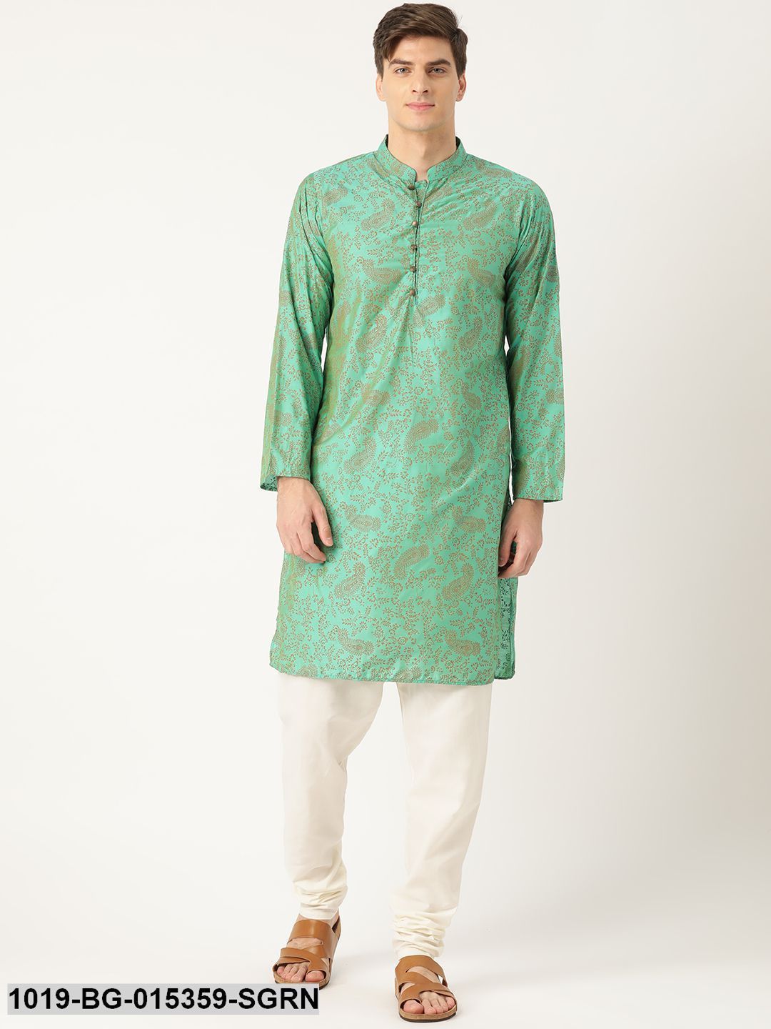 Men's Cotton Silk Sea Green Printed Kurta & Off-white Churidar Pyjama Set