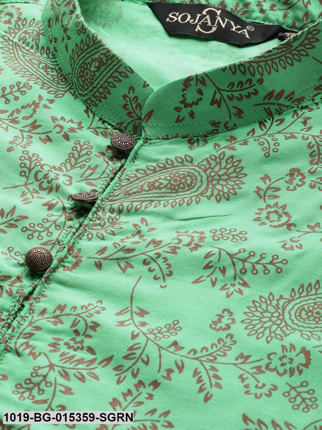 Men's Cotton Silk Sea Green Printed Kurta & Off-white Churidar Pyjama Set