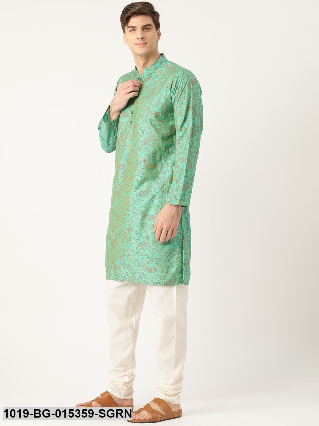 Men's Cotton Silk Sea Green Printed Kurta & Off-white Churidar Pyjama Set