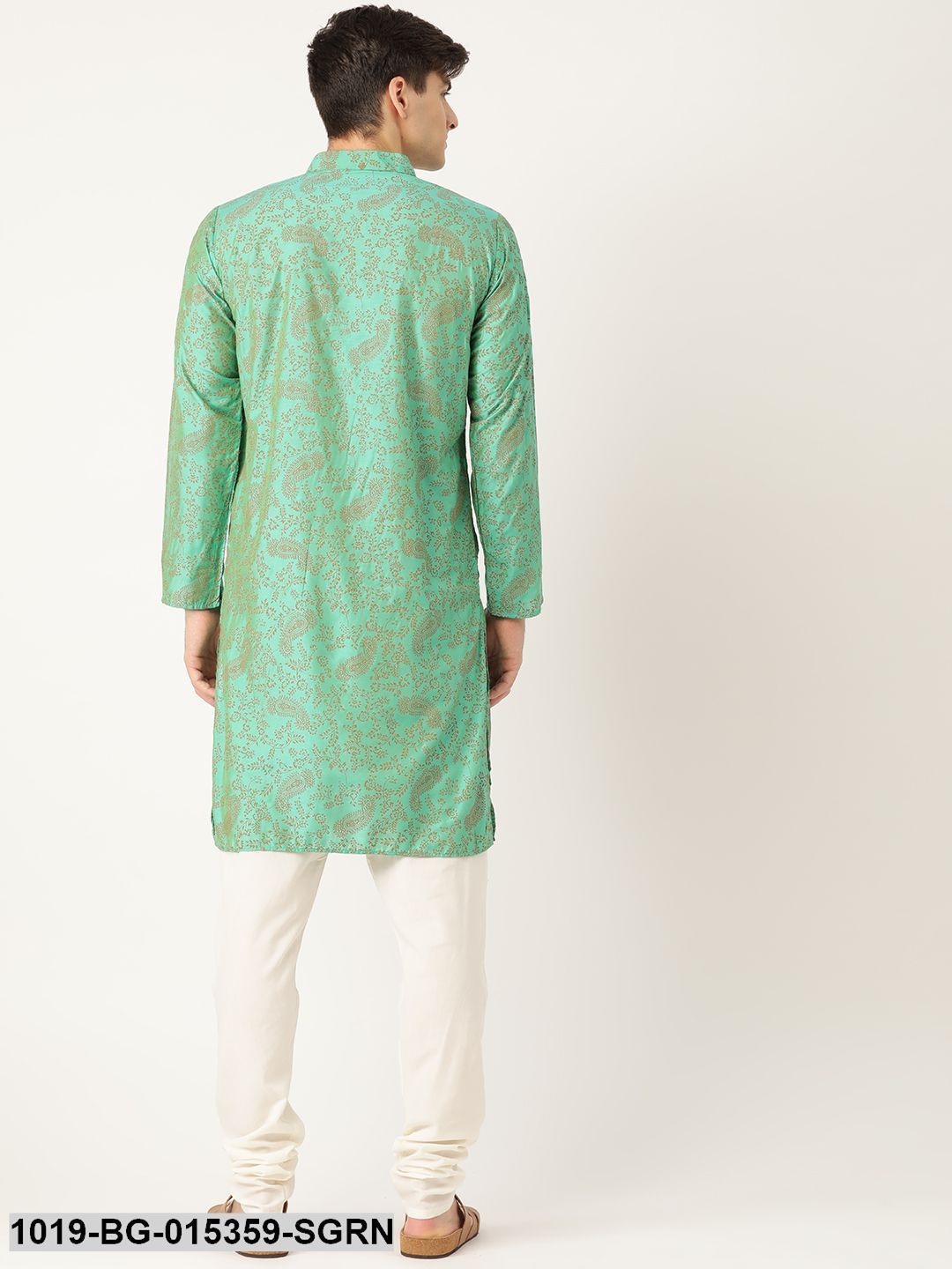 Men's Cotton Silk Sea Green Printed Kurta & Off-white Churidar Pyjama Set