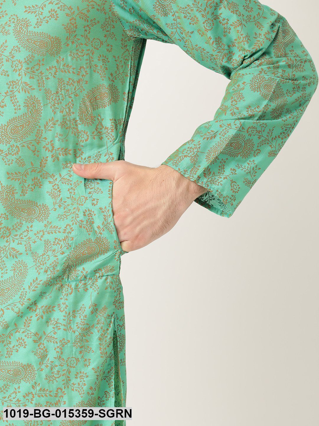 Men's Cotton Silk Sea Green Printed Kurta & Off-white Churidar Pyjama Set