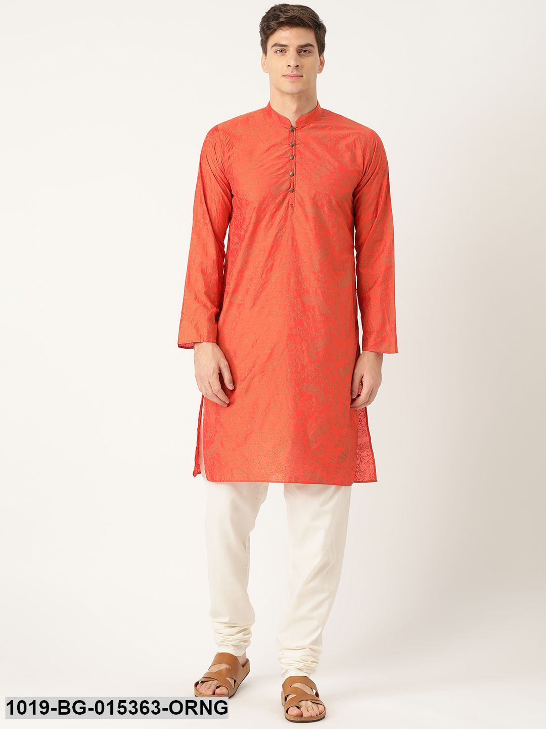 Men's Cotton Silk Orange Printed Kurta & Off-white Churidar Pyjama Set
