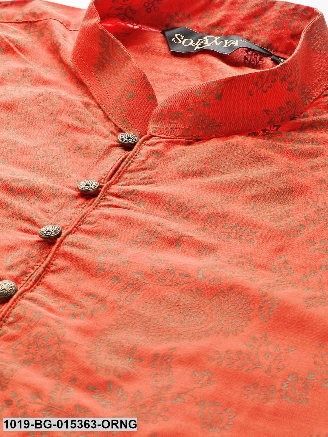 Men's Cotton Silk Orange Printed Kurta & Off-white Churidar Pyjama Set