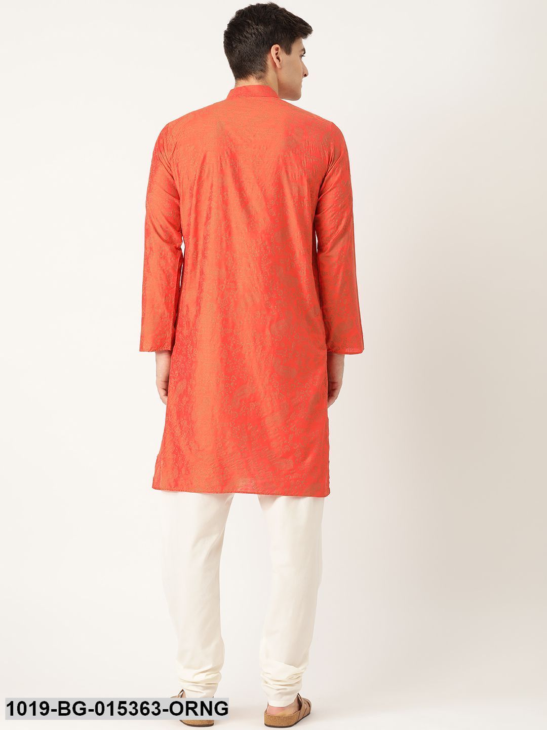 Men's Cotton Silk Orange Printed Kurta & Off-white Churidar Pyjama Set