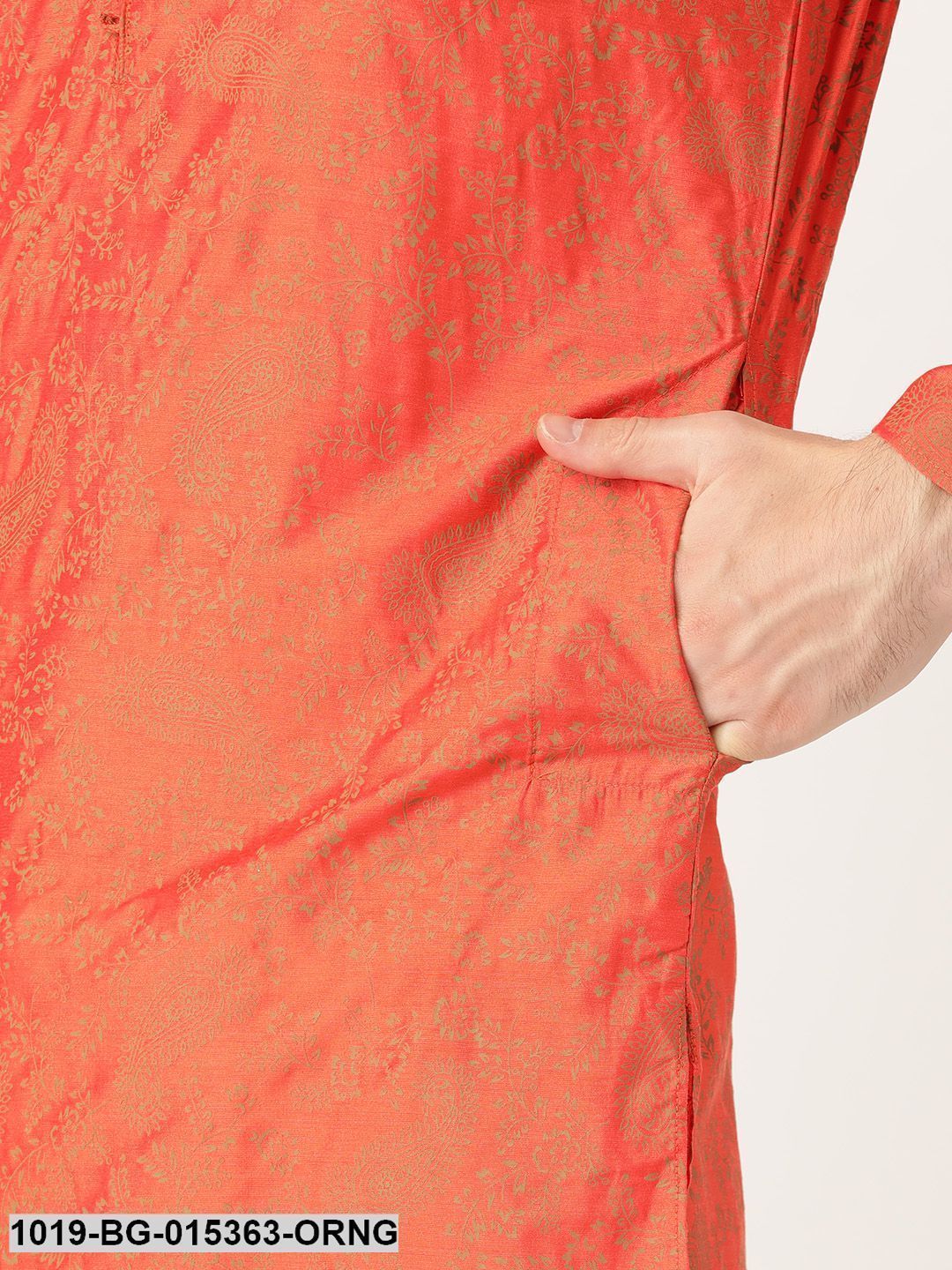 Men's Cotton Silk Orange Printed Kurta & Off-white Churidar Pyjama Set