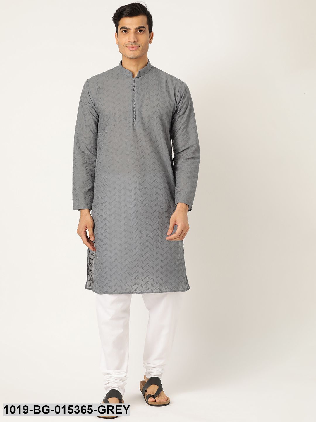 Men's Pure Cotton Grey Chikankari Kurta & White Churidar Pyjama Set - Sojanya