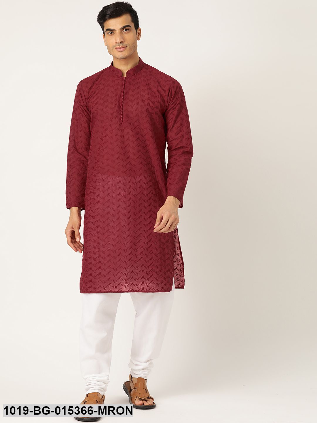 Men's Cotton Maroon Chikankari Kurta & White Churidar Pyjama Set