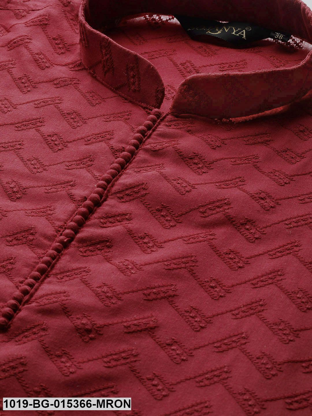 Men's Cotton Maroon Chikankari Kurta & White Churidar Pyjama Set