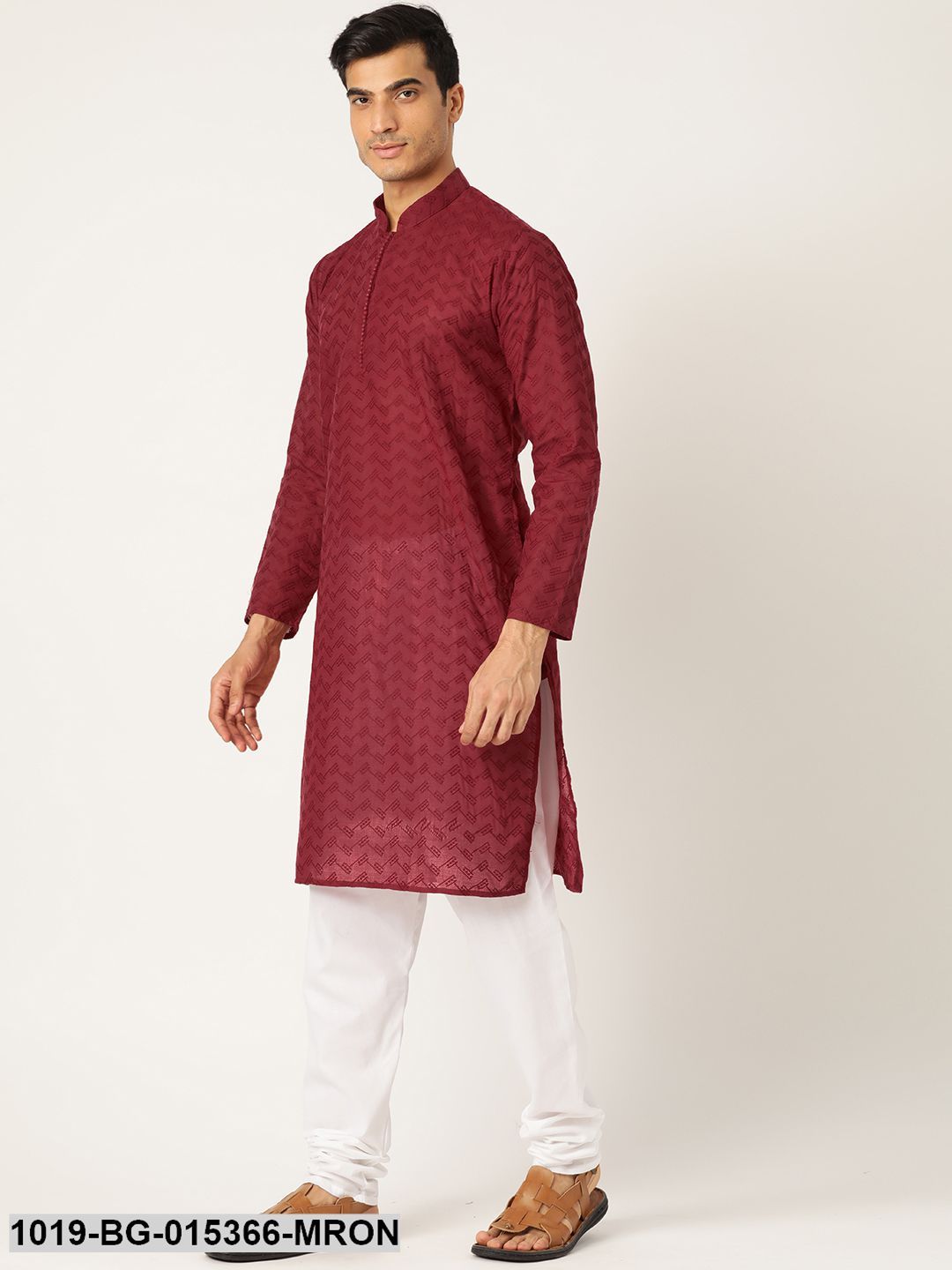 Men's Cotton Maroon Chikankari Kurta & White Churidar Pyjama Set