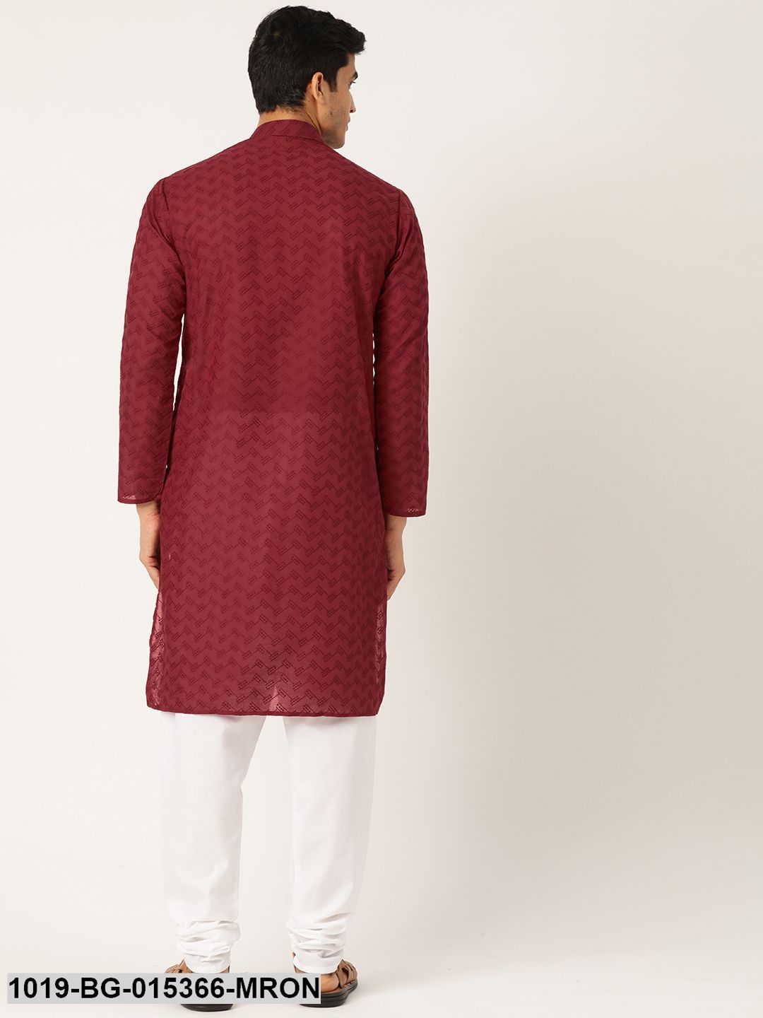 Men's Cotton Maroon Chikankari Kurta & White Churidar Pyjama Set