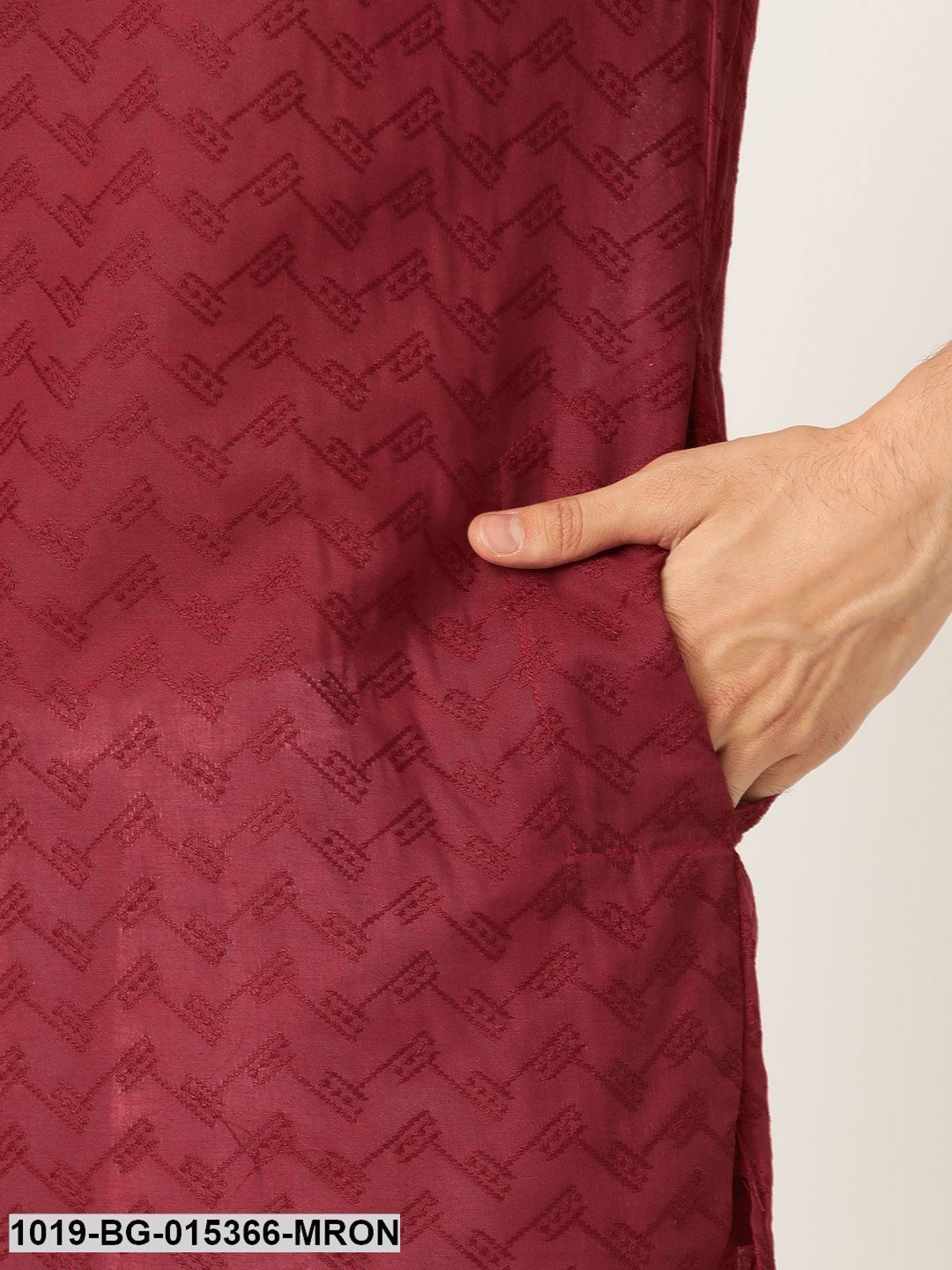 Men's Cotton Maroon Chikankari Kurta & White Churidar Pyjama Set