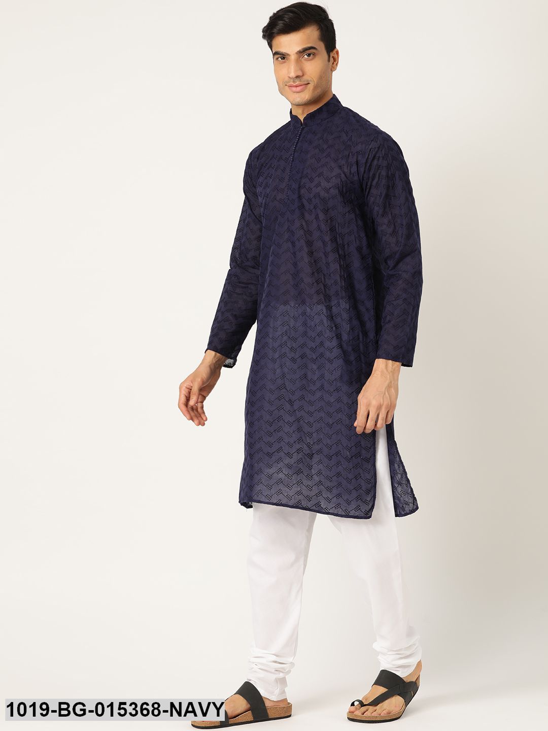 Men's Pure Cotton Navy Blue Chikankari Kurta & White Churidar Pyjama Set - Sojanya