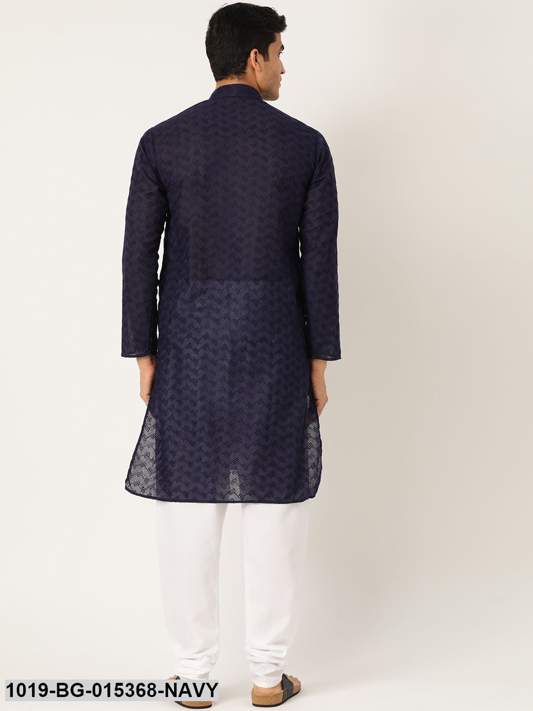 Men's Pure Cotton Navy Blue Chikankari Kurta & White Churidar Pyjama Set - Sojanya