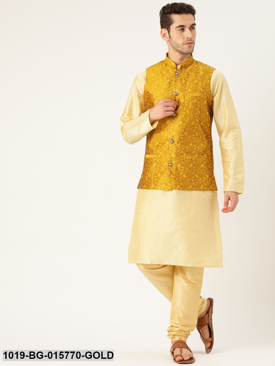 Men's Silk Blend Gold Kurta Pyjama & Mustard Nehru jacket Combo