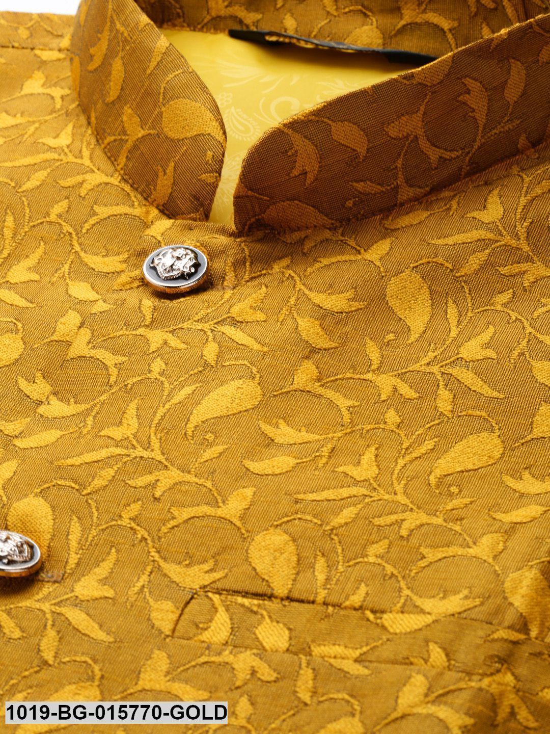 Men's Silk Blend Gold Kurta Pyjama & Mustard Nehru jacket Combo