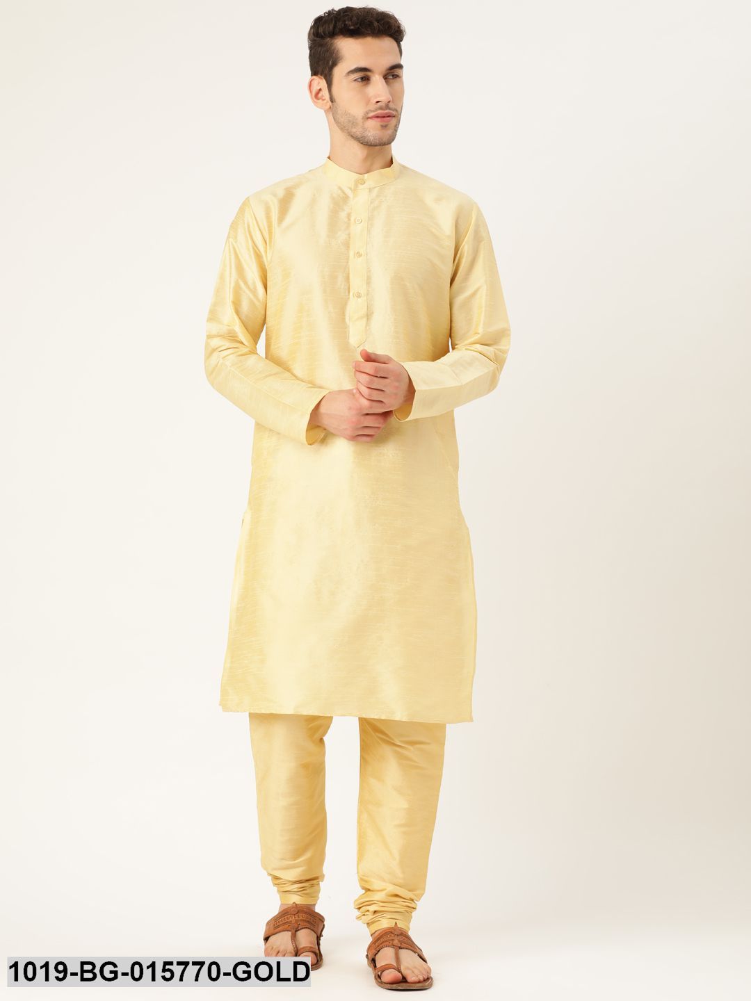 Men's Silk Blend Gold Kurta Pyjama & Mustard Nehru jacket Combo