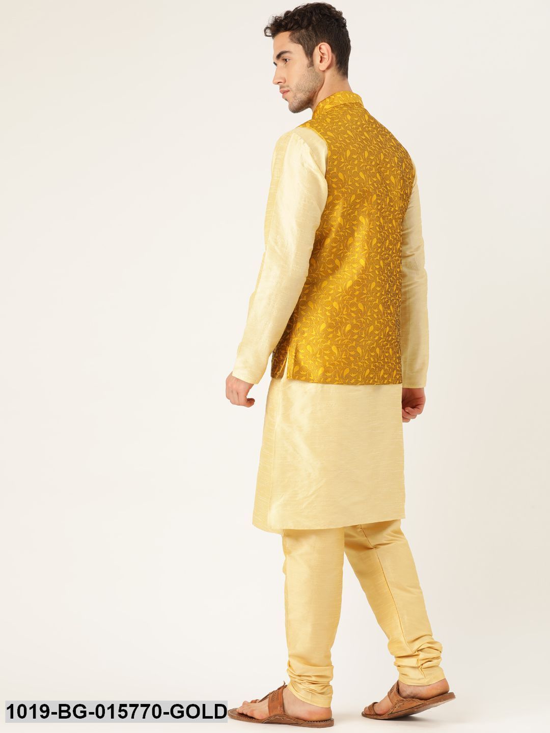 Men's Silk Blend Gold Kurta Pyjama & Mustard Nehru jacket Combo