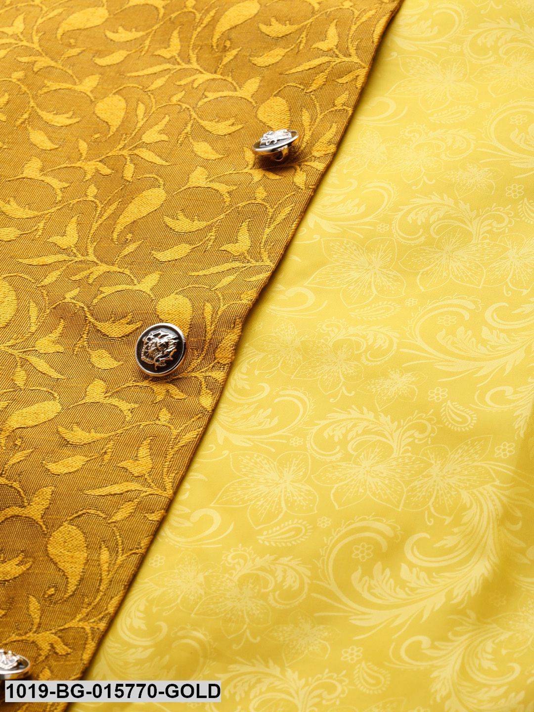 Men's Silk Blend Gold Kurta Pyjama & Mustard Nehru jacket Combo