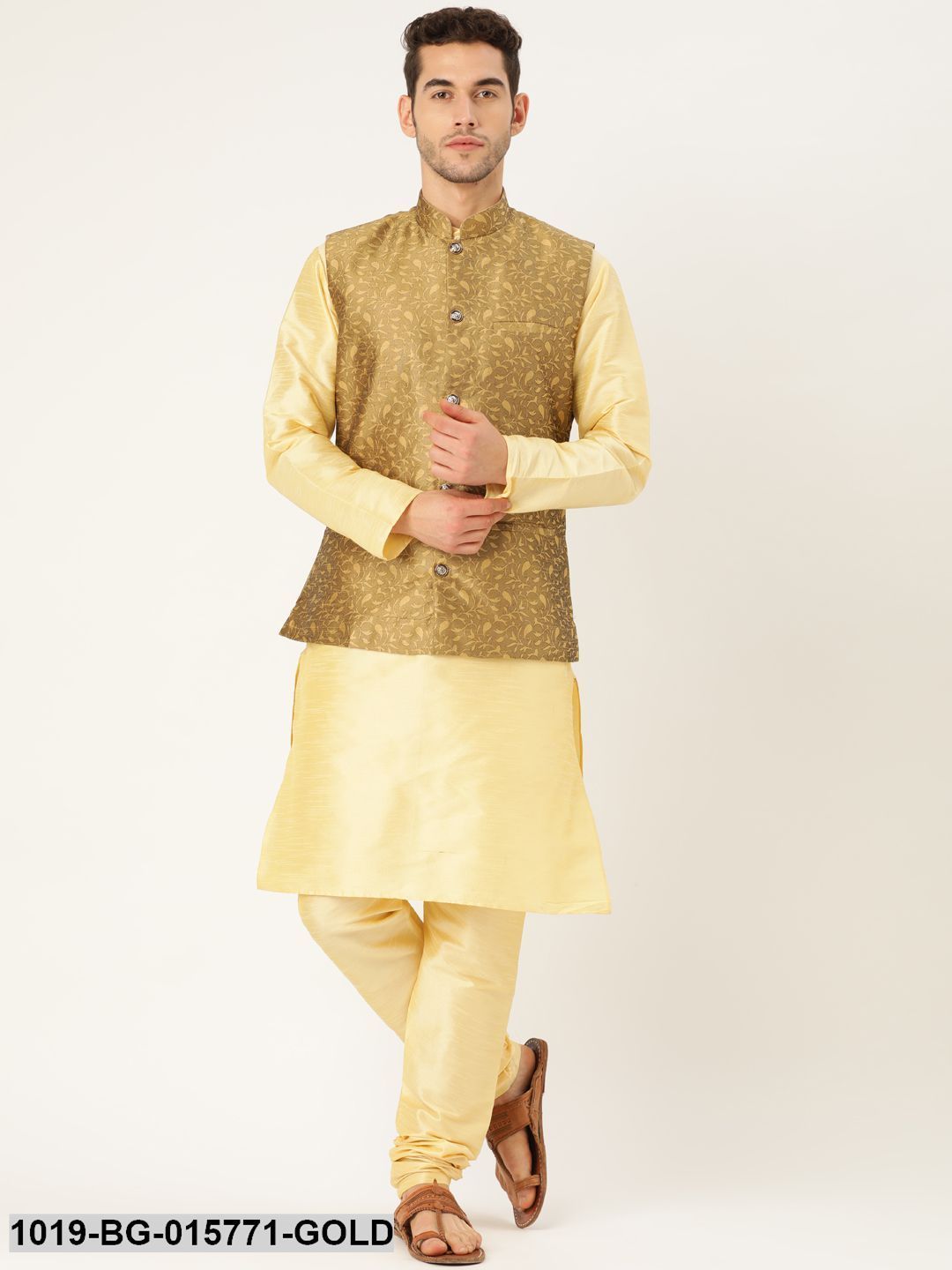 Men's Silk Blend Gold Kurta Pyjama & Gold Nehru jacket Combo
