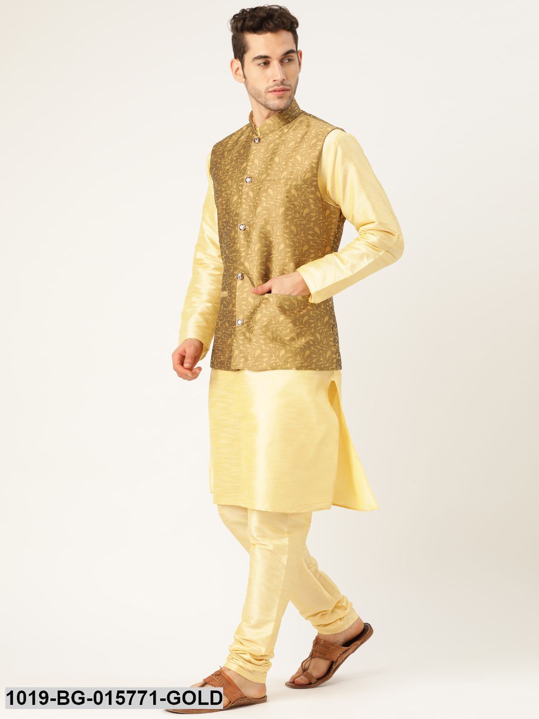 Men's Silk Blend Gold Kurta Pyjama & Gold Nehru jacket Combo