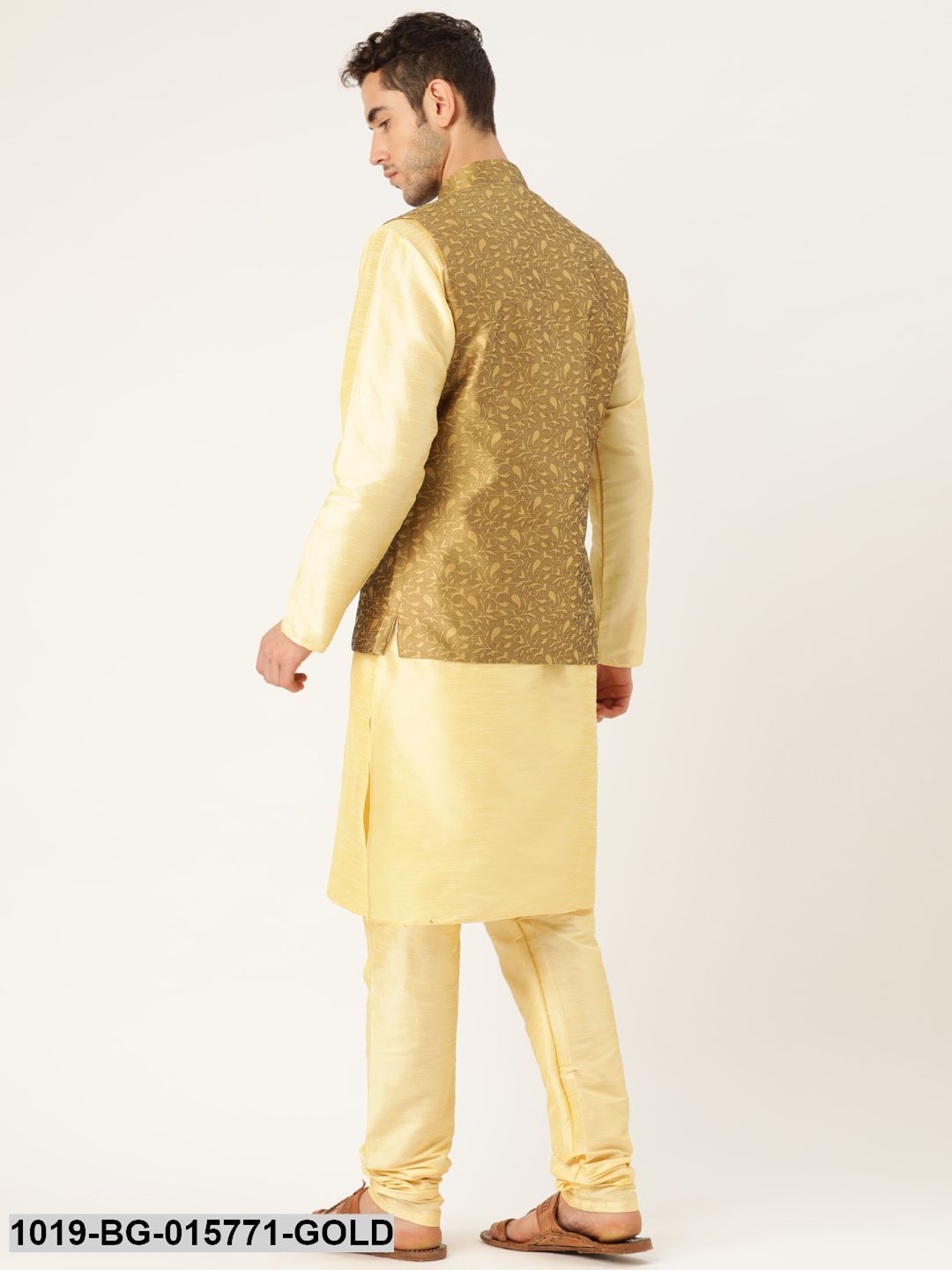 Men's Silk Blend Gold Kurta Pyjama & Gold Nehru jacket Combo