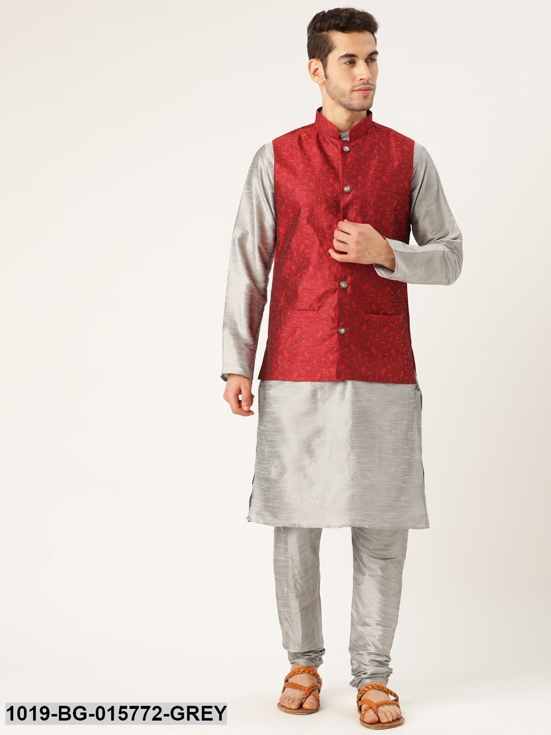 Men's Silk Blend Grey Kurta Pyjama & Maroon Nehru jacket Combo