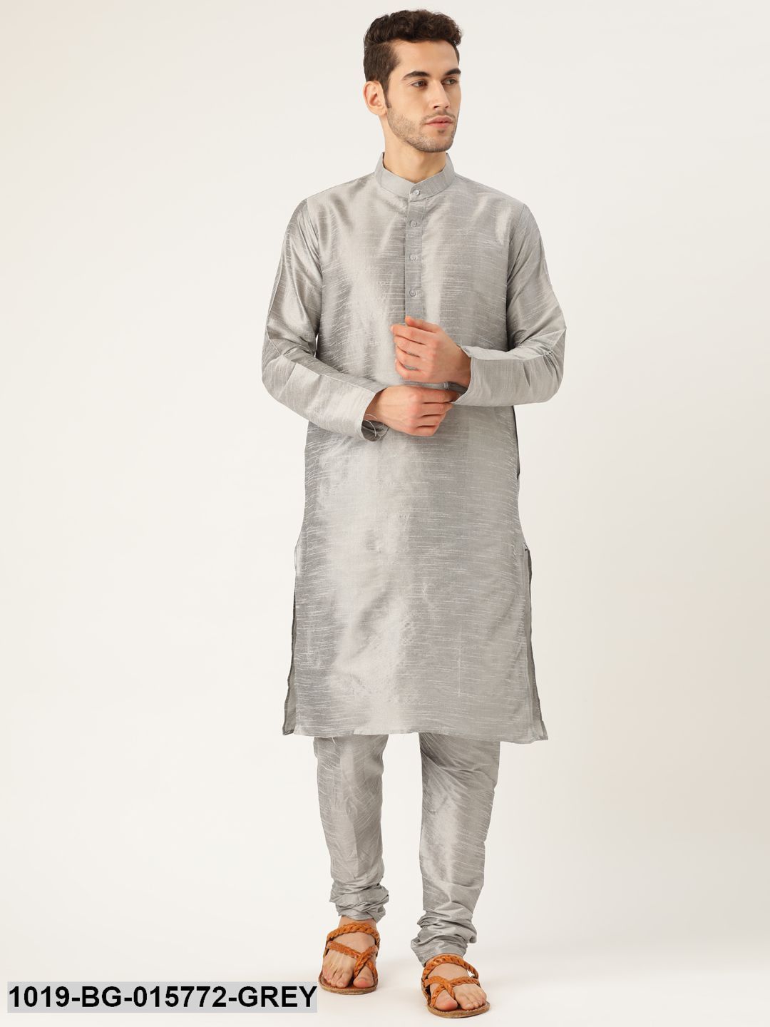 Men's Silk Blend Grey Kurta Pyjama & Maroon Nehru jacket Combo