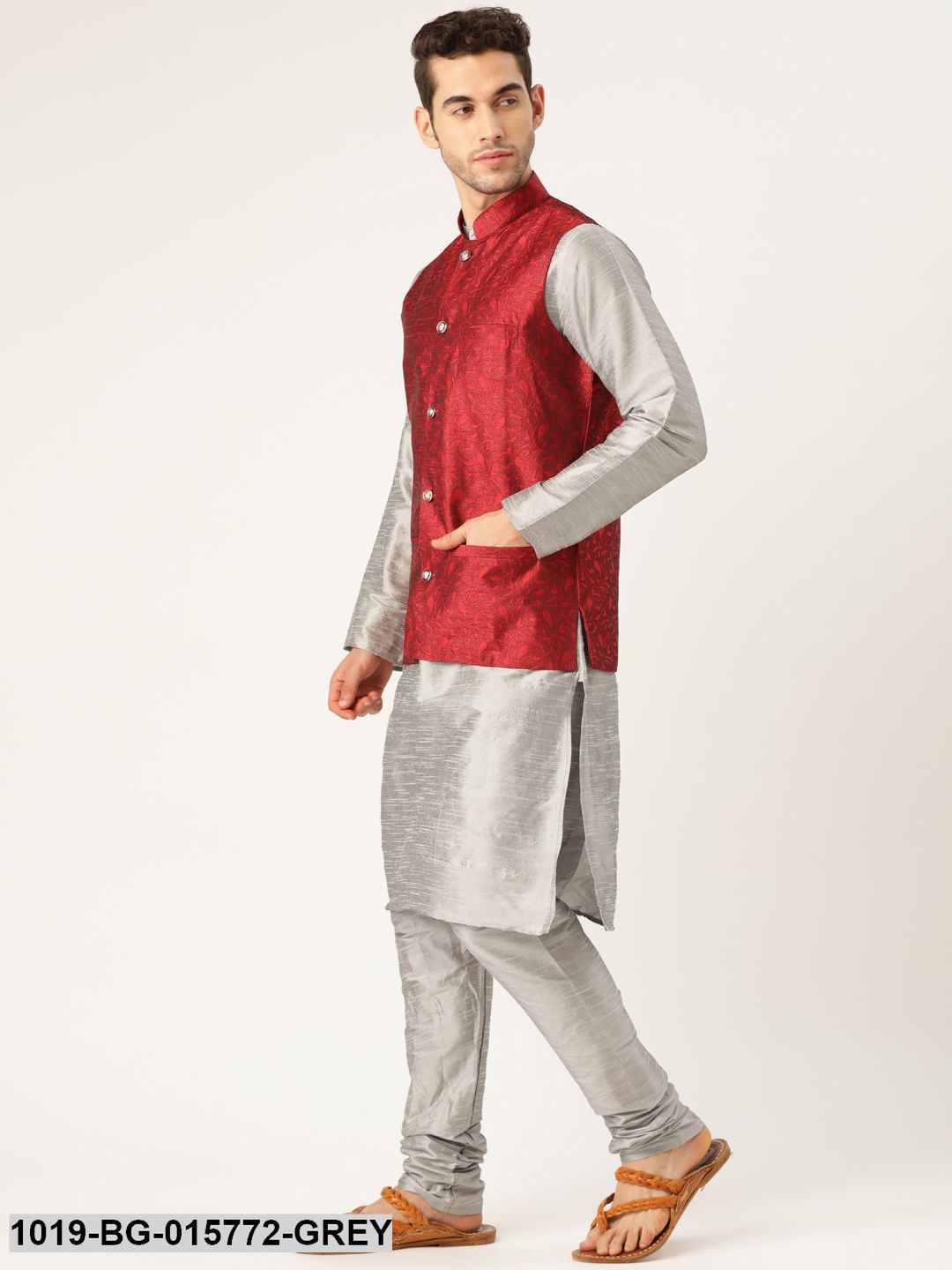 Men's Silk Blend Grey Kurta Pyjama & Maroon Nehru jacket Combo
