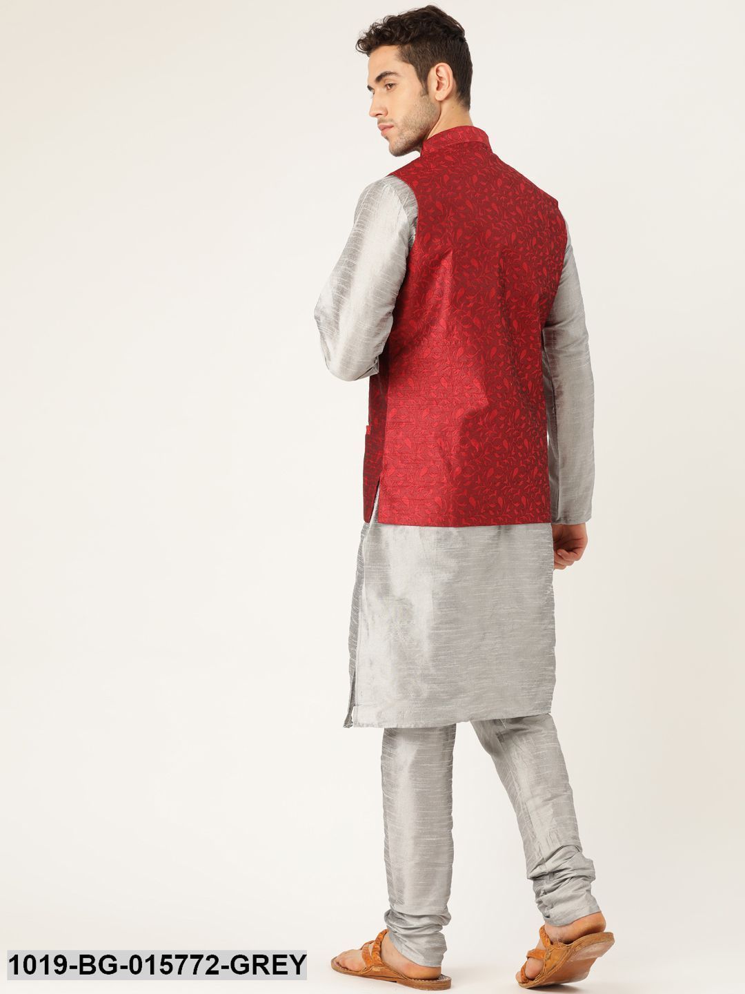 Men's Silk Blend Grey Kurta Pyjama & Maroon Nehru jacket Combo