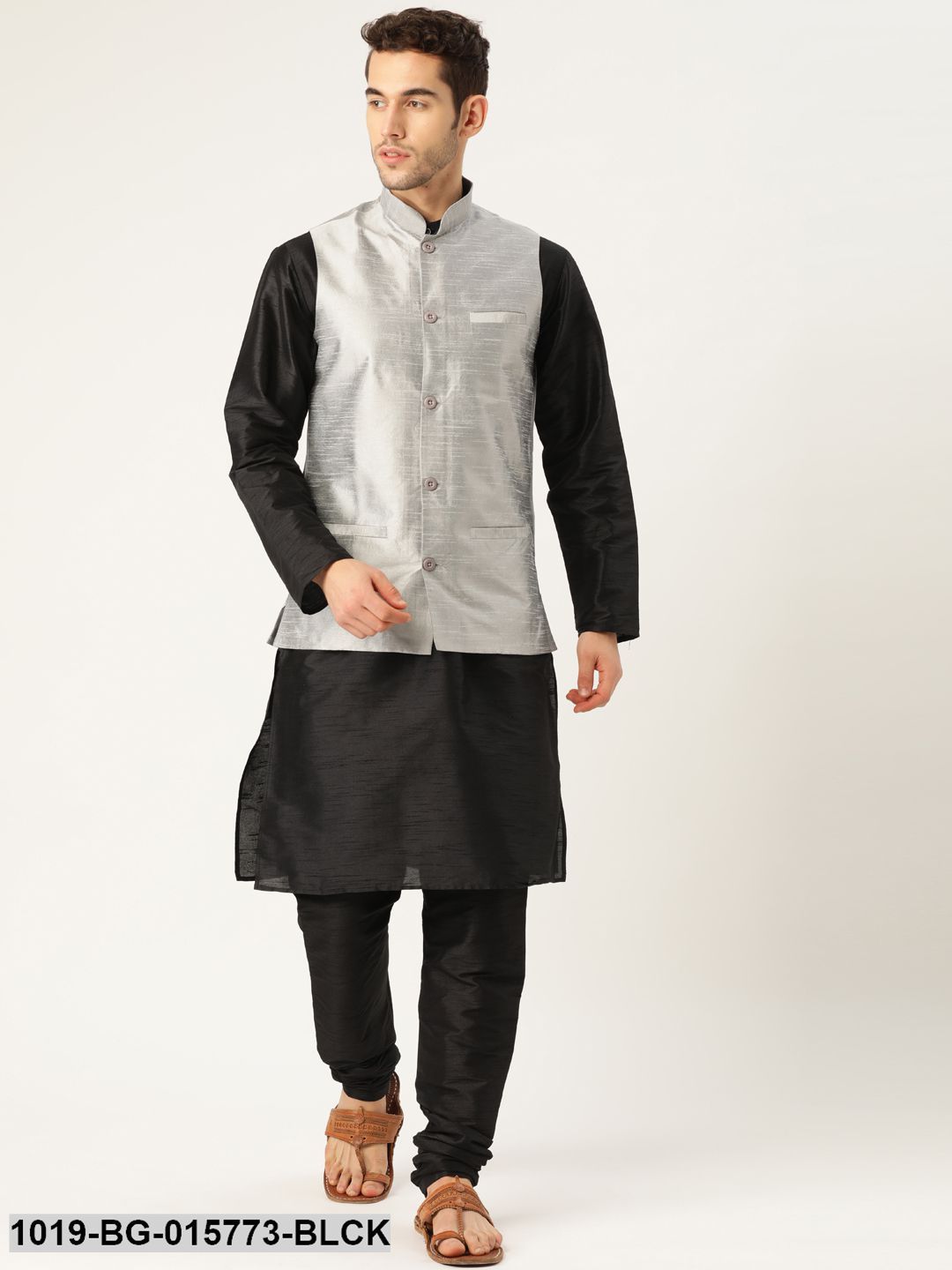 Men's Silk Blend Black Kurta Pyjama & Grey Nehru jacket Combo