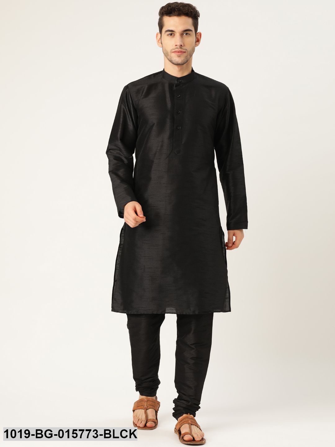 Men's Silk Blend Black Kurta Pyjama & Grey Nehru jacket Combo