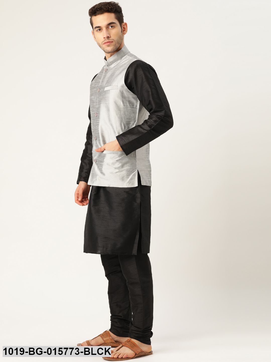 Men's Silk Blend Black Kurta Pyjama & Grey Nehru jacket Combo