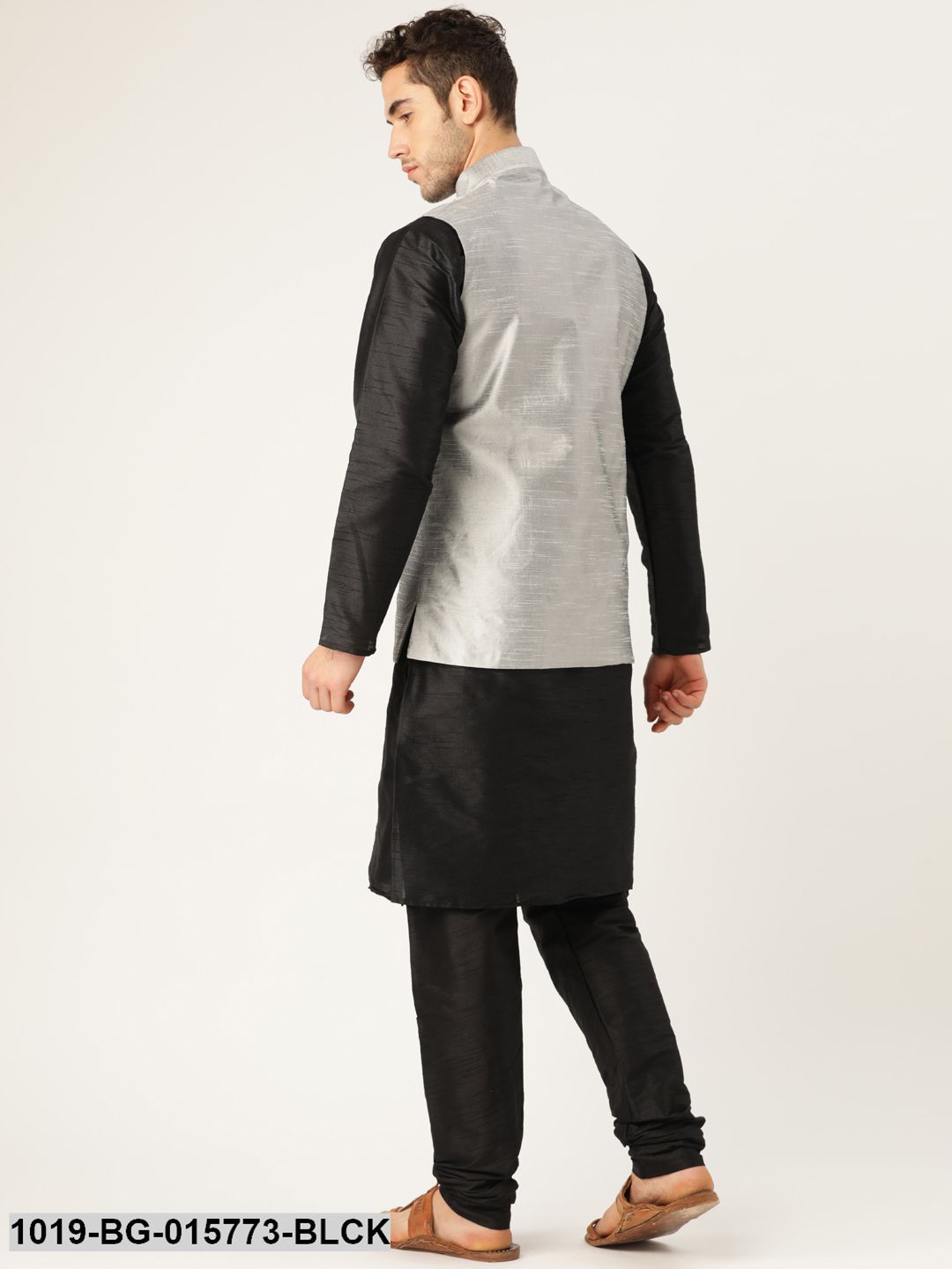 Men's Silk Blend Black Kurta Pyjama & Grey Nehru jacket Combo