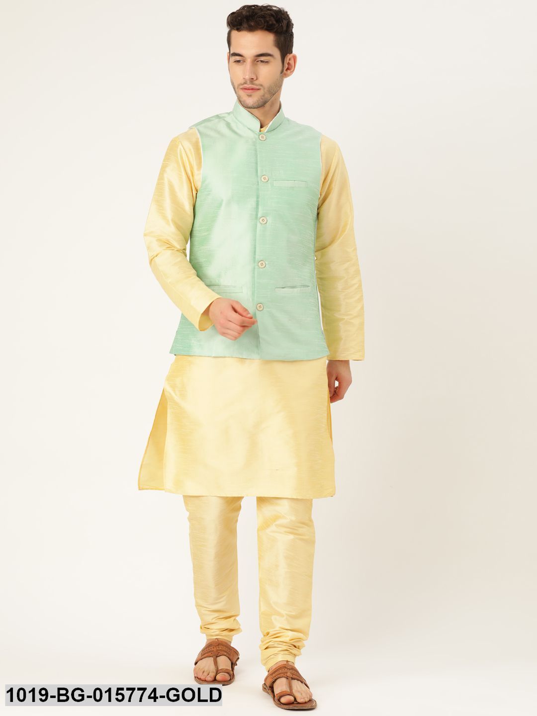 Men's Silk Blend Gold Kurta Pyjama & Lime Green Nehru jacket Combo