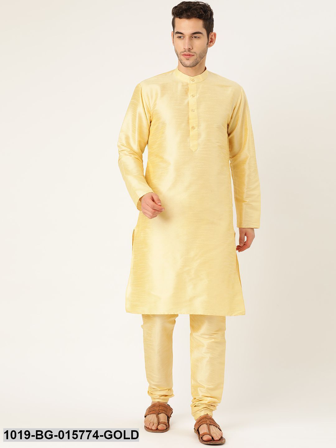 Men's Silk Blend Gold Kurta Pyjama & Lime Green Nehru jacket Combo