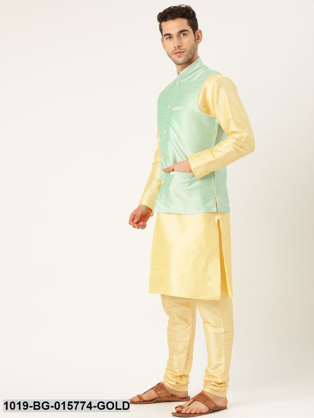 Men's Silk Blend Gold Kurta Pyjama & Lime Green Nehru jacket Combo