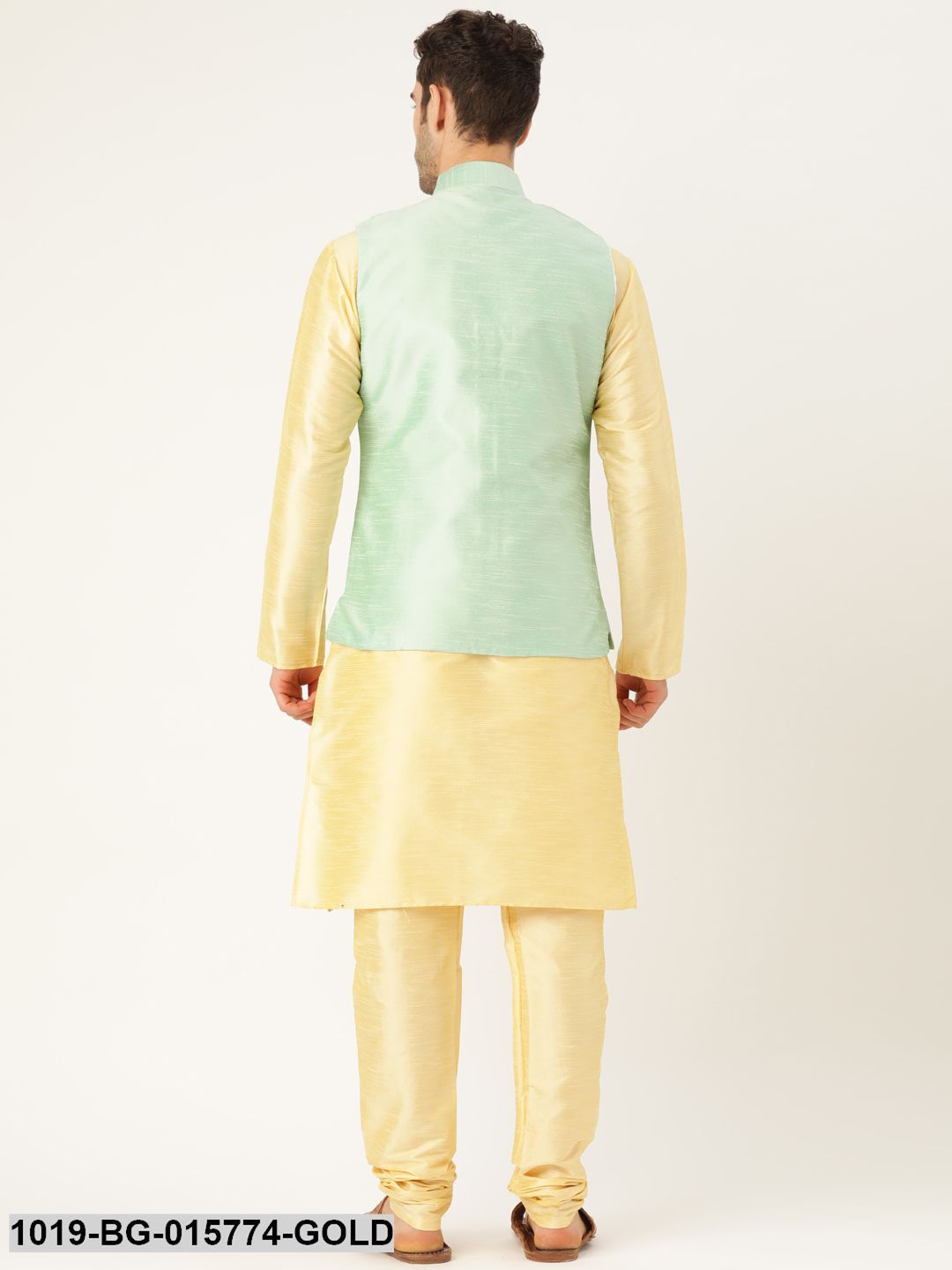 Men's Silk Blend Gold Kurta Pyjama & Lime Green Nehru jacket Combo