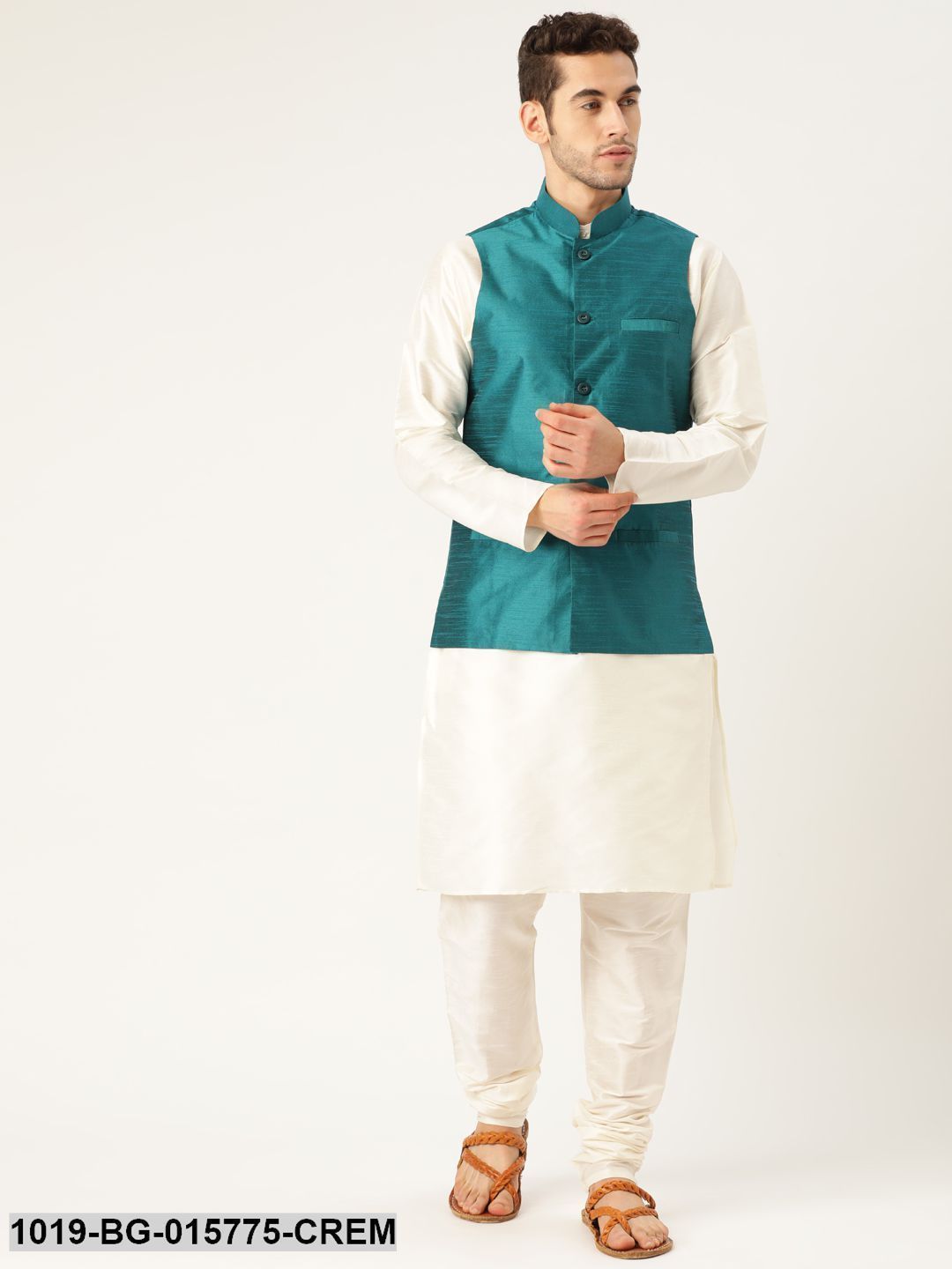 Men's Silk Blend Cream Kurta Pyjama & Peacock Blue Nehru jacket Combo