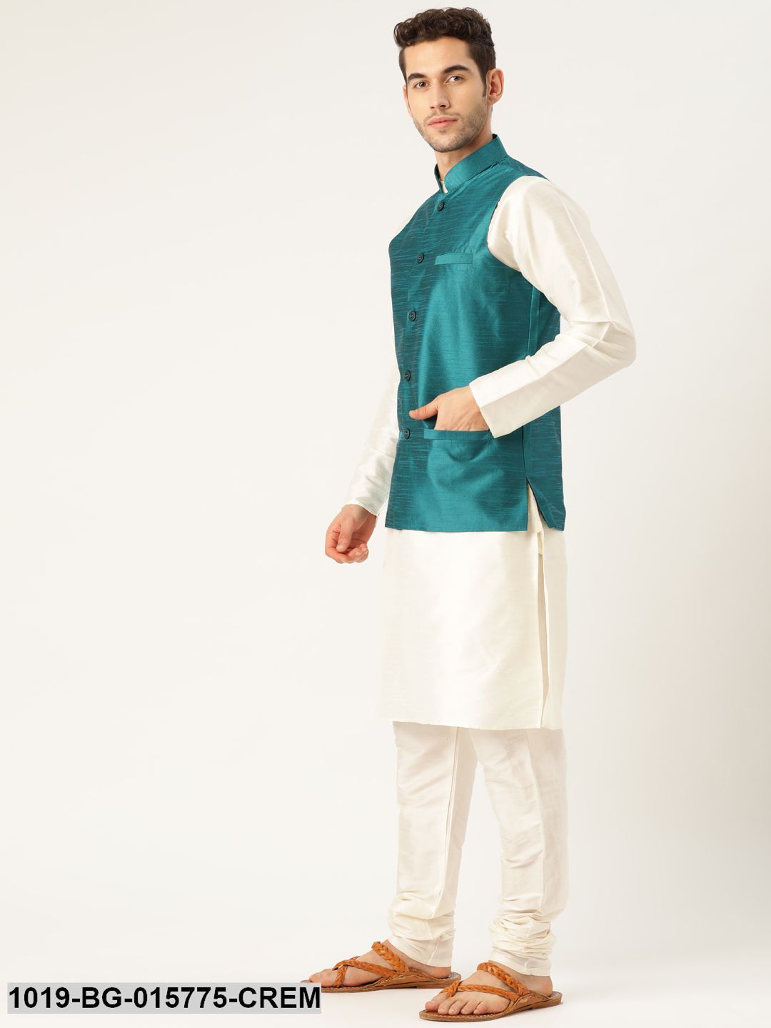 Men's Silk Blend Cream Kurta Pyjama & Peacock Blue Nehru jacket Combo