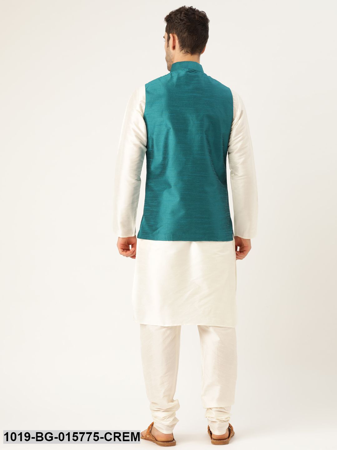 Men's Silk Blend Cream Kurta Pyjama & Peacock Blue Nehru jacket Combo