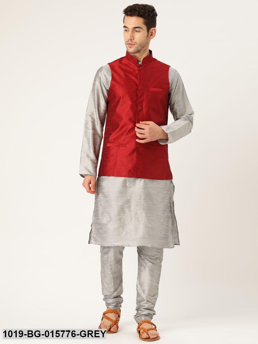 Men's Silk Blend Grey Kurta Pyjama & Red Nehru jacket Combo