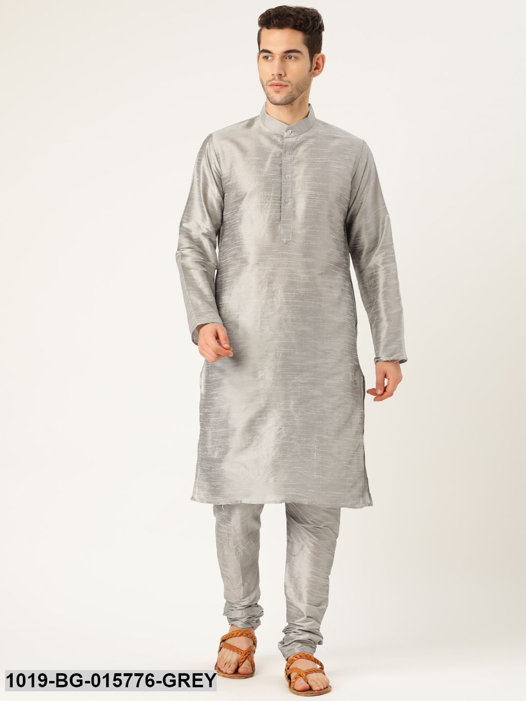 Men's Silk Blend Grey Kurta Pyjama & Red Nehru jacket Combo