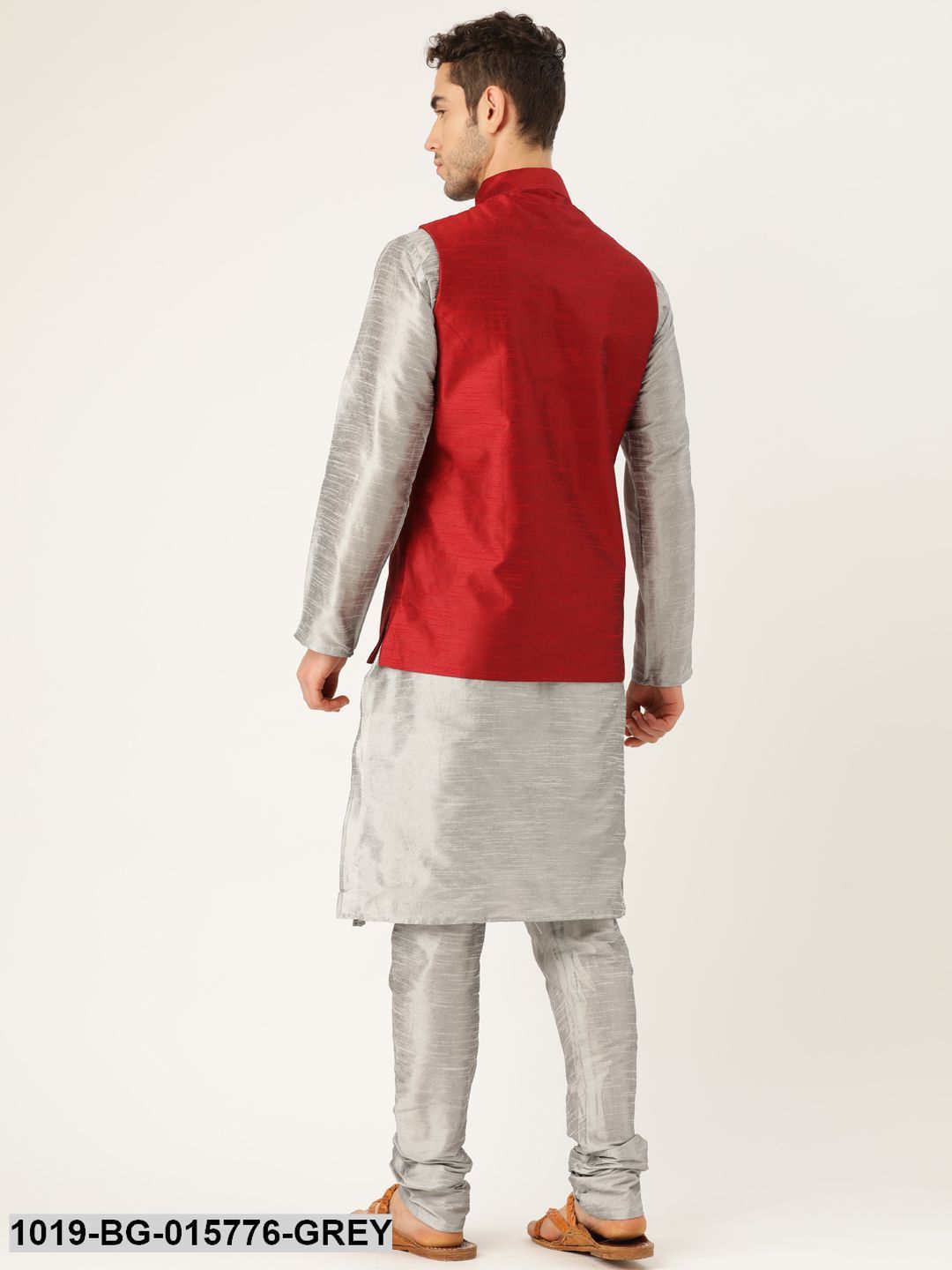 Men's Silk Blend Grey Kurta Pyjama & Red Nehru jacket Combo