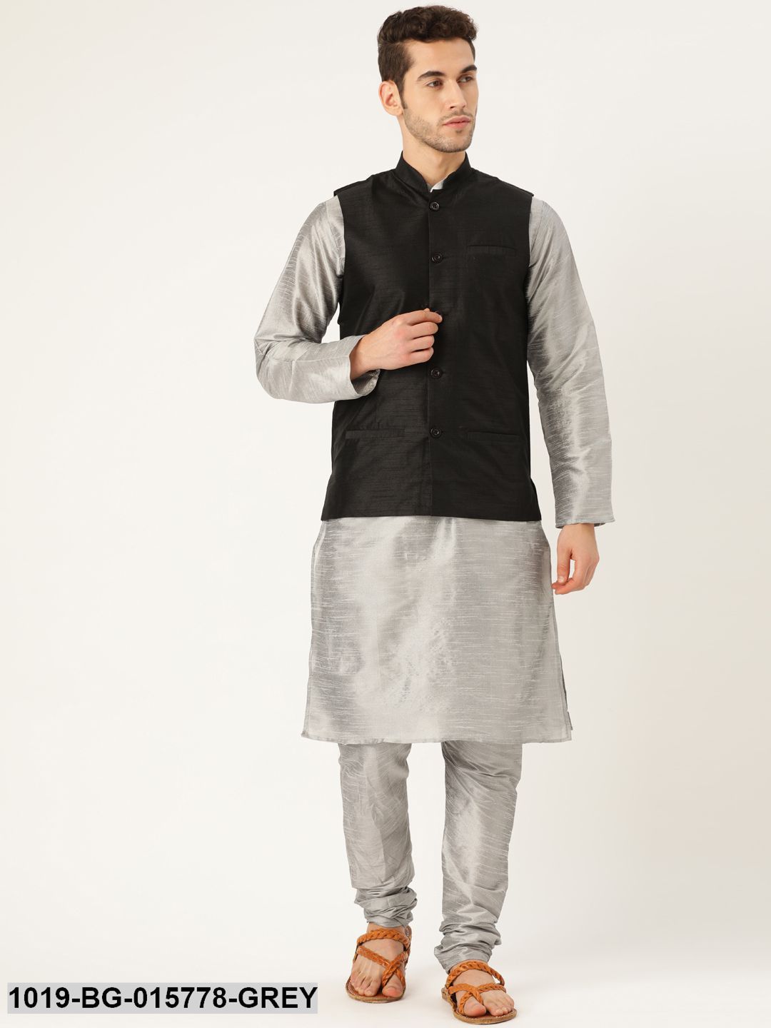 Men's Silk Blend Grey Kurta Pyjama & Black Nehru jacket Combo